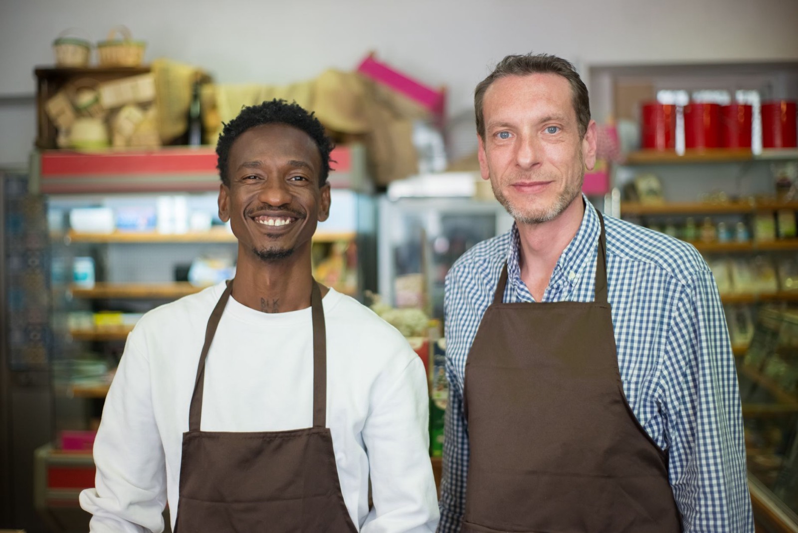 Two smiling shop owners in aprons in their store