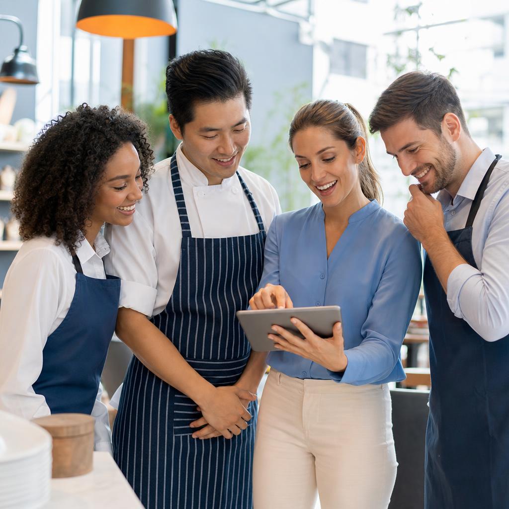 A hospitality team planning their weekly rota together on a tablet